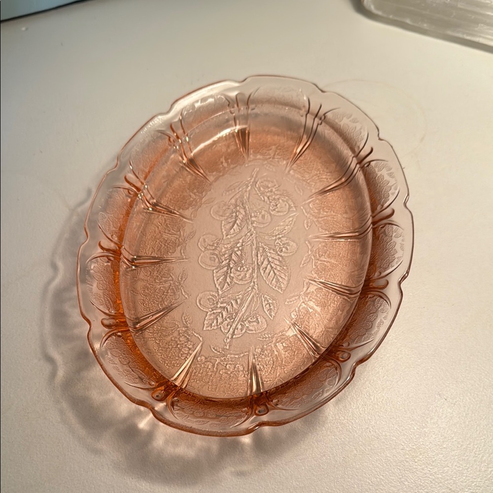 Vintage Rare Pink Cherry Blossom Depression glass platter pattern 1935 11”
